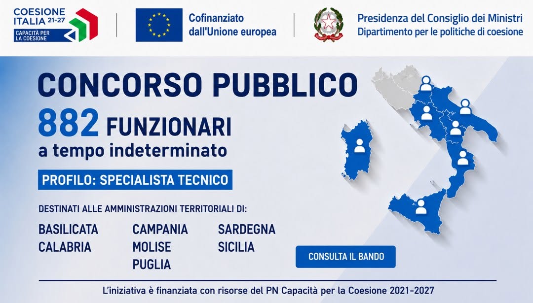 Concorso pubblico per 882 Specialisti Tecnici nelle amministrazioni del Mezzogiorno (scadenza 23 settembre 2026)